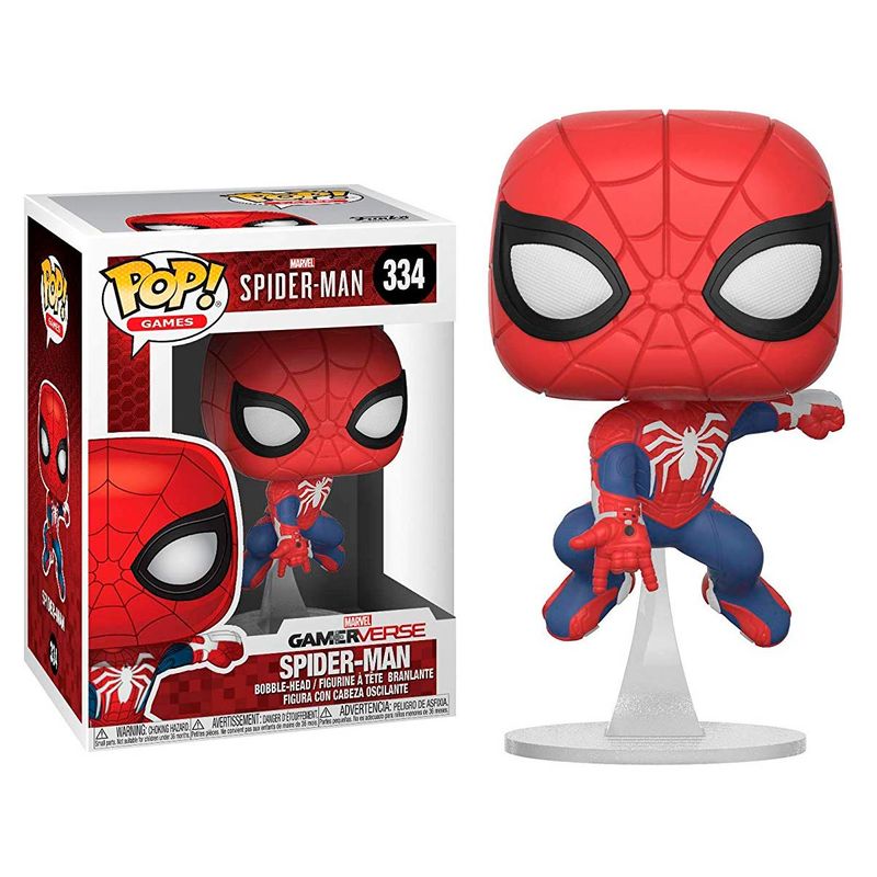 Figurine Funko POP Spider-Man Marvel posée sur une étagère, montrant les détails de la tête et des mains en gros plan