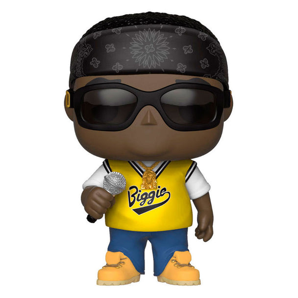 Figurine Funko POP Notorious B.I.G. en maillot, vue de face dans sa boîte vitrine transparente