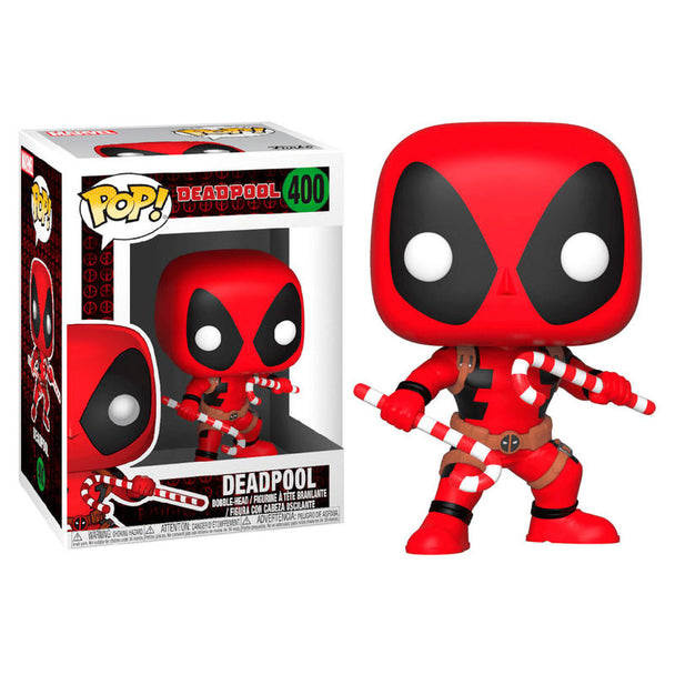 Figurine Funko POP Deadpool Holiday 8 cm en vinyle avec cannes en sucre, présentée dans sa boîte cadeau avec fenêtre.