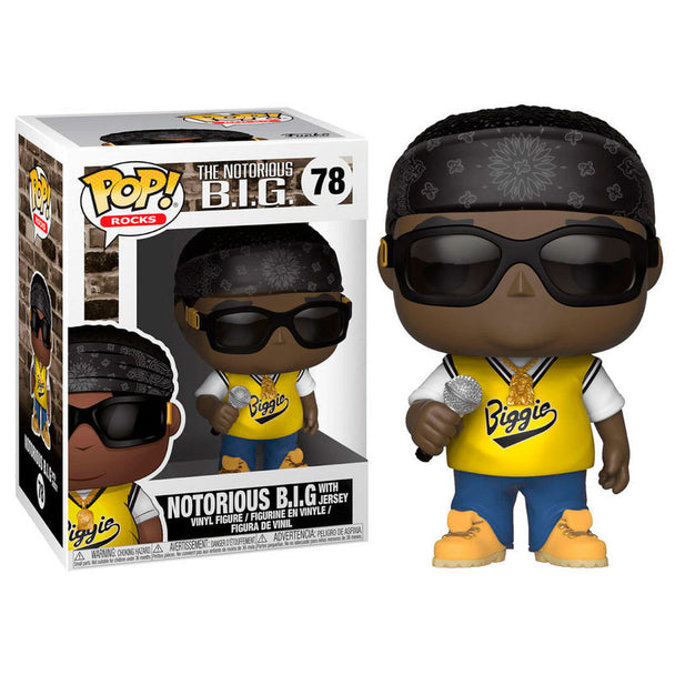 Côté gauche de la figurine Funko POP Notorious B.I.G. en maillot, montrant les détails du vinyle et la boîte