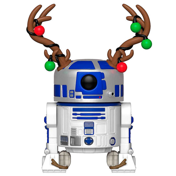 Figurine Funko POP R2-D2 Star Wars avec bois de cerf, vue de face dans sa boîte vitrine transparente