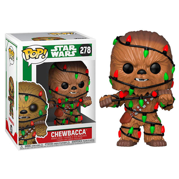 Vue rapprochée de la figurine Funko POP Chewbacca Holiday avec détails du visage et accessoires Star Wars