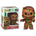 Vue rapprochée de la figurine Funko POP Chewbacca Holiday avec détails du visage et accessoires Star Wars