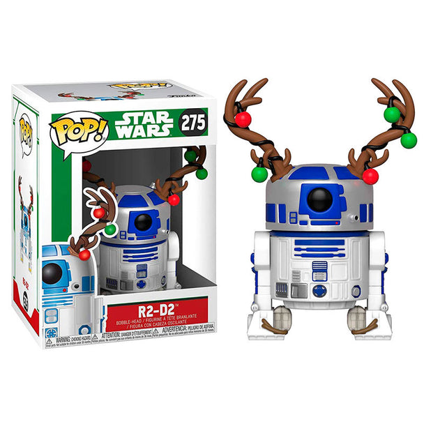 Zoom sur la figurine R2-D2 Funko POP édition Holiday montrant les détails du vinyle et les bois de cerf