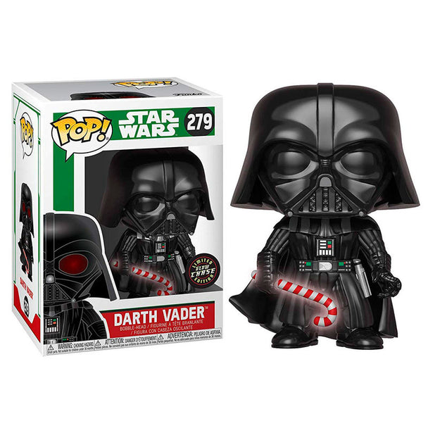 Figurine Funko POP Darth Vader Chase de 8 cm en vinyle, présentée dans sa boîte vitrine Star Wars Holiday.