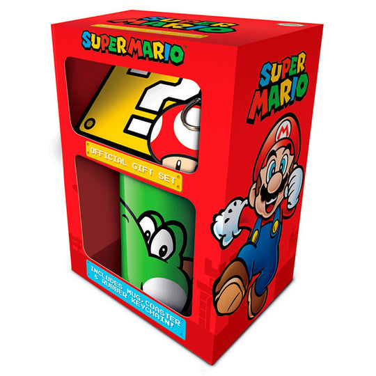 Coffret cadeau PYRAMID avec porte-clés et mug Super Mario Nintendo, présenté sur fond blanc.