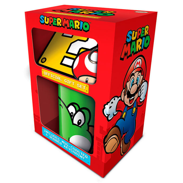 Coffret cadeau PYRAMID avec porte-clés et mug Super Mario Nintendo, présenté sur fond blanc.