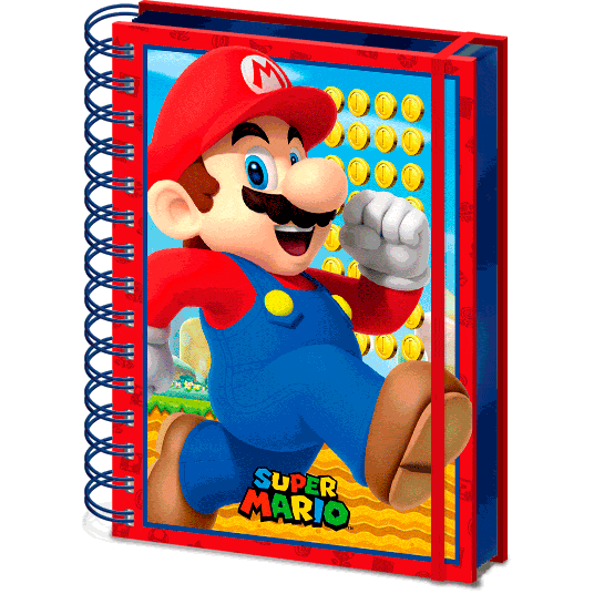 Cahier à spirale Super Mario Nintendo format A5 avec couverture colorée et illustrations du célèbre personnage Mario.