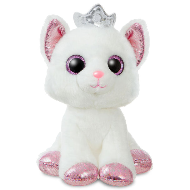 Peluche chat blanc doux de 18cm AURORA posée sur fond clair, montrant son pelage soyeux et ses détails réalistes.