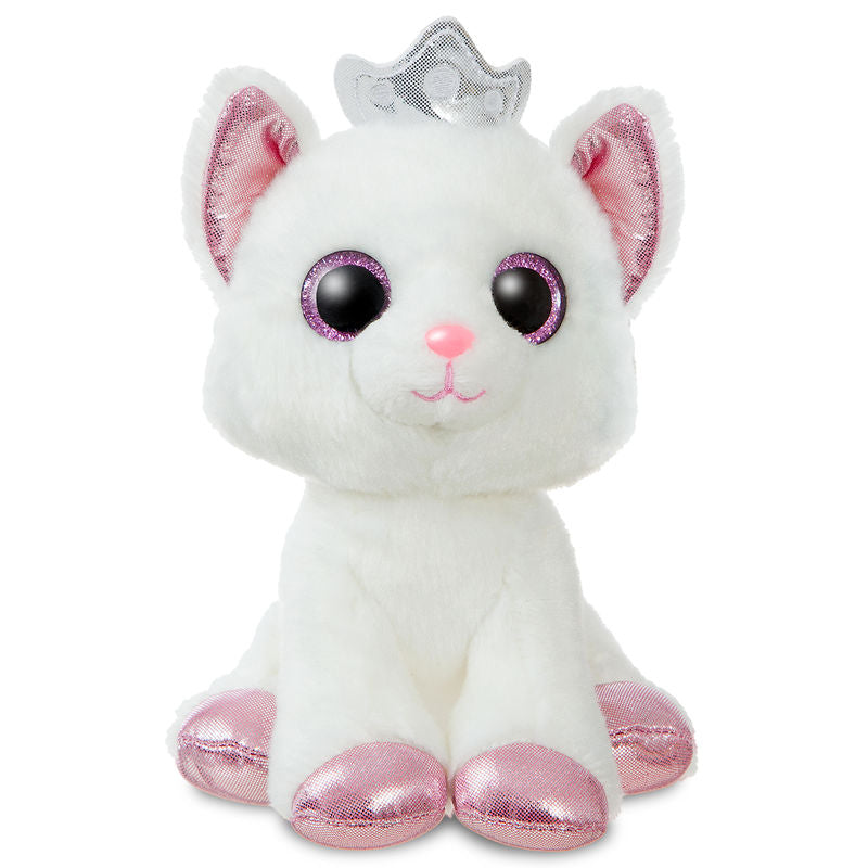 Peluche chat blanc doux de 18cm AURORA posée sur fond clair, montrant son pelage soyeux et ses détails réalistes.