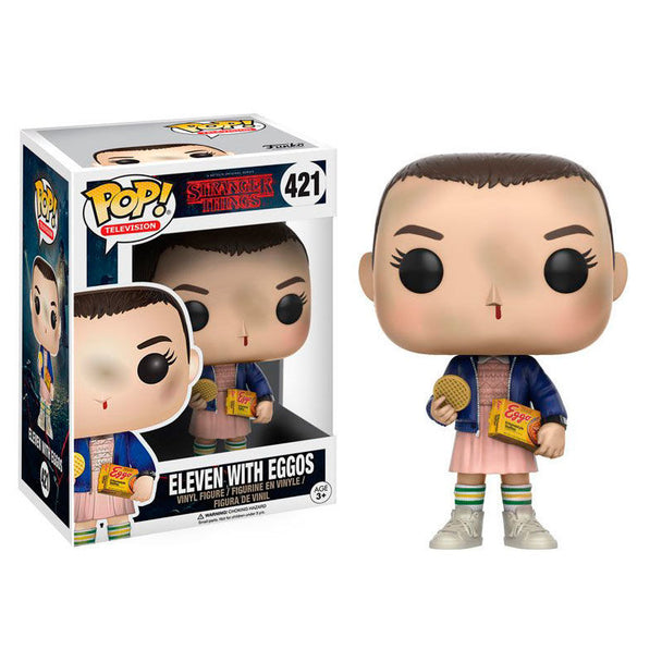 Figurine Funko POP de Eleven de Stranger Things tenant des Eggos, vue de face en boîte cadeau