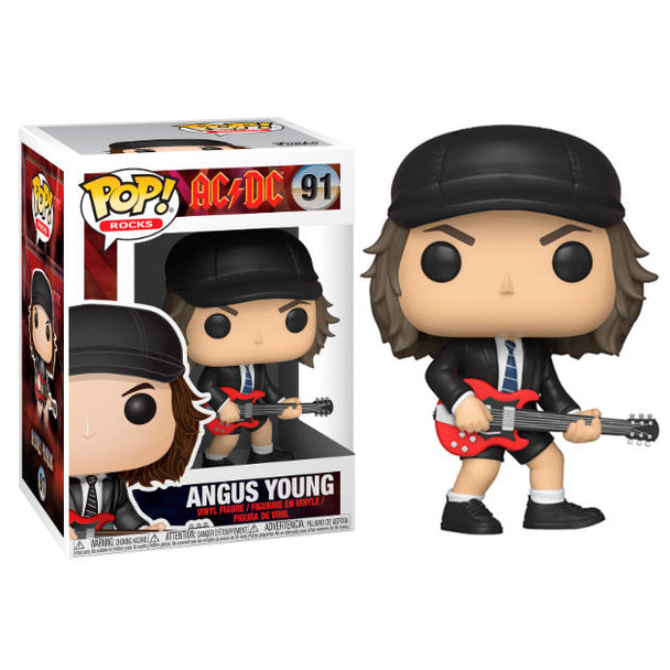 Figurine Funko POP Angus Young AC/DC en vinyl de 9 cm dans sa boîte fenêtre collector, idéale pour fans et collectionneurs.