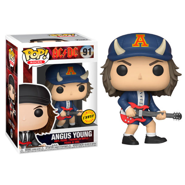 Figurine Funko POP Angus Young d'AC/DC en vinyle de 9 cm avec boîte vitrine, vue de face.