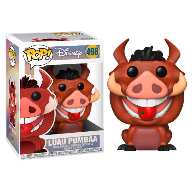 Figurine Funko POP de Pumbaa en tenue Luau du film Disney Le Roi Lion, vue de face dans sa boîte fenêtre.