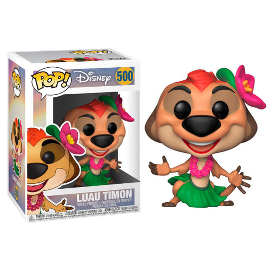 Figurine Funko POP Timon en costume Luau du film Disney Le Roi Lion vue de face dans sa boîte vitrine transparente