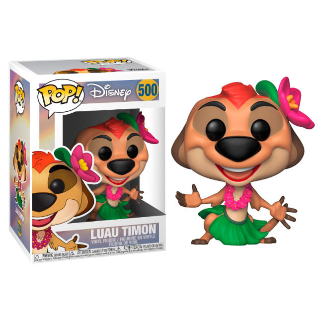Figurine Funko POP Timon en costume Luau du film Disney Le Roi Lion vue de face dans sa boîte vitrine transparente