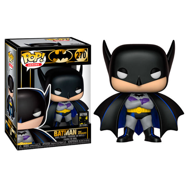 Figurine Funko POP Batman 80e anniversaire en vinyle de 9 cm dans sa boîte vitrine, représentant la première apparition de Batman en 1939.