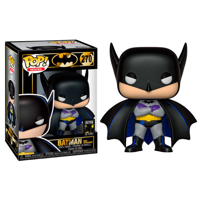 Figurine Funko POP Batman 80e anniversaire en vinyle de 9 cm dans sa boîte vitrine, représentant la première apparition de Batman en 1939.