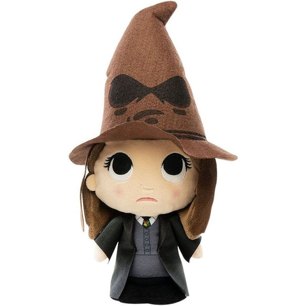Peluche Hermione Granger de Harry Potter avec le Choixpeau magique, hauteur 15 cm, fabriquée par FUNKO, vue de face sur fond blanc.