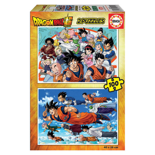 Puzzle Dragon Ball Super EDUCA BORRAS 2x100 pièces avec illustrations colorées, dimensions 40x28 cm, idéal pour fans et collectionneurs.