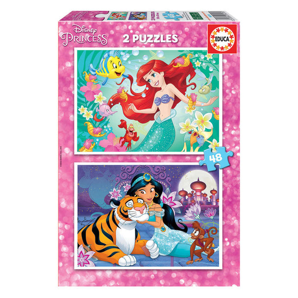Puzzle Disney Princess mettant en scène Ariel et Jasmine, 2 puzzles de 48 pièces chacun, dimensions 28x20 cm, marque EDUCA BORRAS.