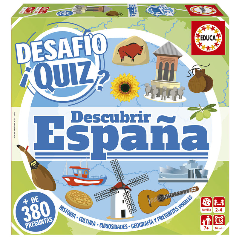 Plateau de jeu Spanish Challenge Quiz avec cartes questions, pions valises et pions joueurs en place