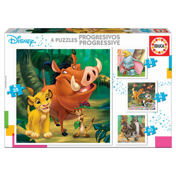 Puzzle Disney EDUCA BORRAS avec Dumbo, Bambi, Roi Lion et Livre de la Jungle, 16x16 cm, pièces colorées.