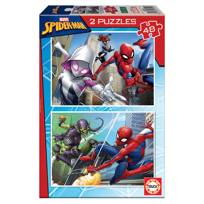 Puzzle Marvel Spiderman de la marque EDUCA BORRAS avec 2 puzzles de 48 pièces chacun, dimensions 28x20cm, idéal pour enfants et fans de super-héros.