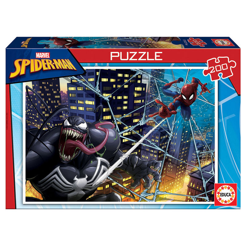 Puzzle Marvel Spiderman 200 pièces d'EDUCA BORRAS avec image colorée du héros en action, dimensions 40x28 cm.