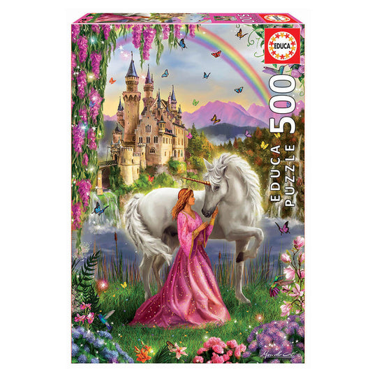 Image du puzzle 500 pièces représentant une fée et une licorne dans un décor féerique, dimensions 48x34 cm, marque EDUCA BORRAS.