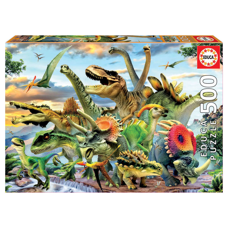 Puzzle de 500 pièces EDUCA BORRAS représentant des dinosaures colorés sur un fond naturel, dimensions 48x34 cm.