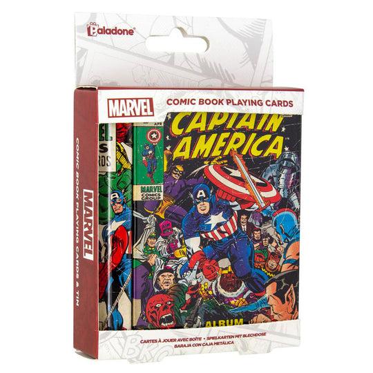 Deck de cartes Marvel présenté dans une boîte métallique au design comic, produit officiel PALADONE