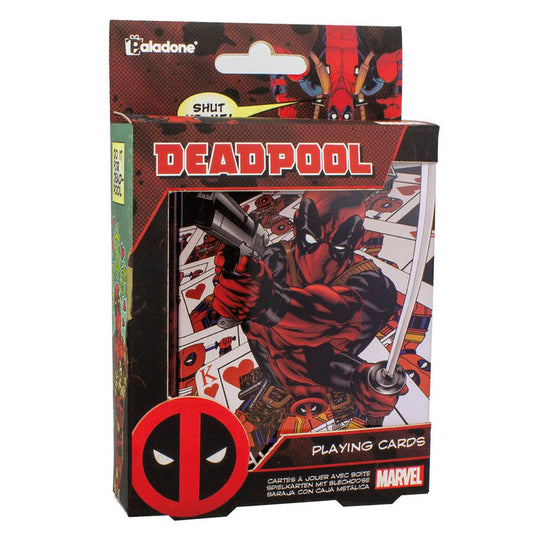 Jeu de cartes Marvel Deadpool présenté dans une boîte métallique au design comic par PALADONE