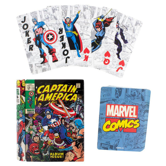 Vue rapprochée des cartes Marvel avec illustrations colorées et boîte métallique collector