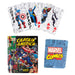 Vue rapprochée des cartes Marvel avec illustrations colorées et boîte métallique collector
