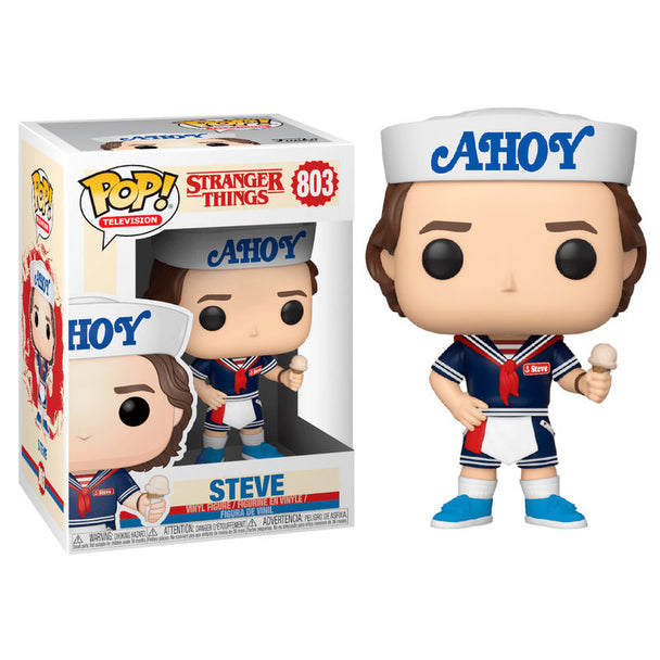 Figurine Funko POP de Steve avec chapeau et glace de Stranger Things 3, présentée dans sa boîte vitrine de 9 cm.
