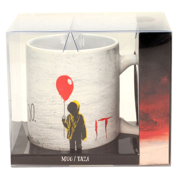 Mug en céramique blanc avec inscription rouge 'You Will Float Too' inspirée du film IT, vue de face