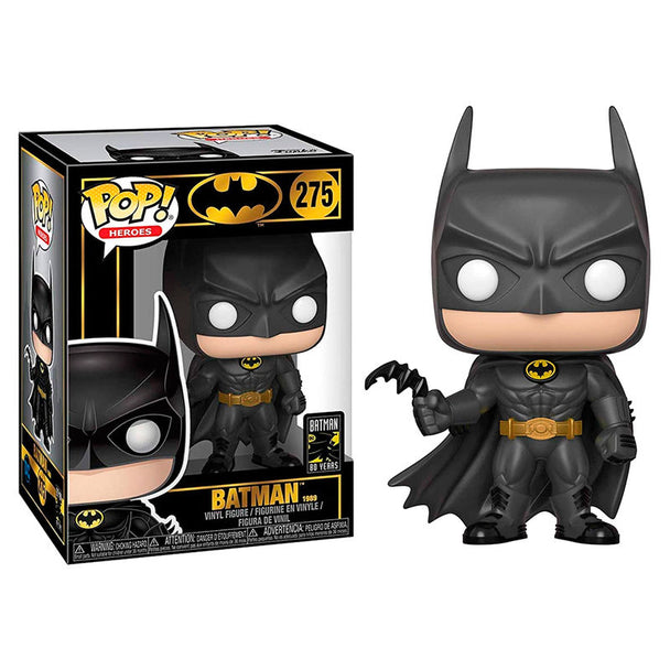 Vue rapprochée de la figurine Funko POP Batman 1989 avec détails du costume et boîte collector