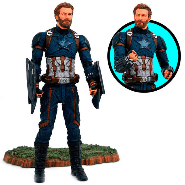 Figurine articulée Captain America de 18 cm en PVC, vue de face avec bouclier et costume détaillé