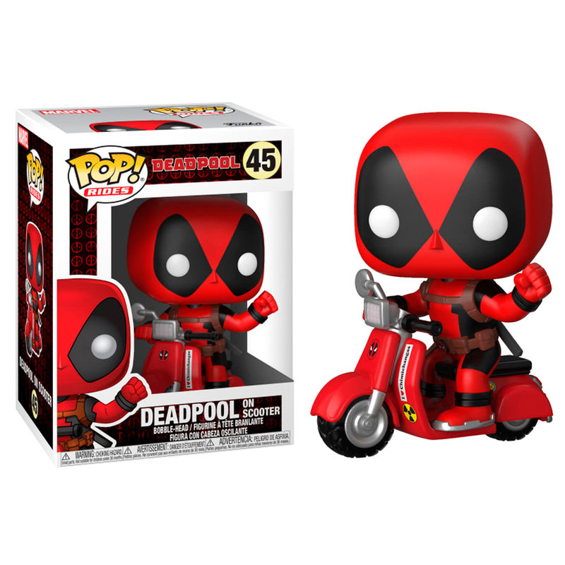 Vue de côté de la figurine Deadpool FUNKO POP avec son scooter détaillé, hauteur 9 cm