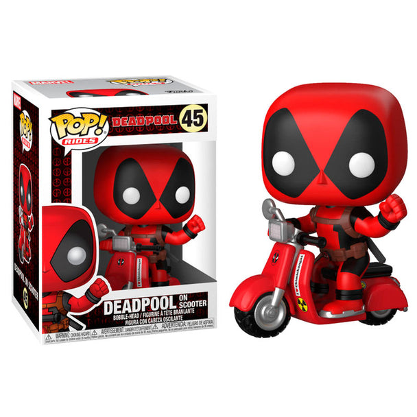 Vue de côté de la figurine Deadpool FUNKO POP avec son scooter détaillé, hauteur 9 cm