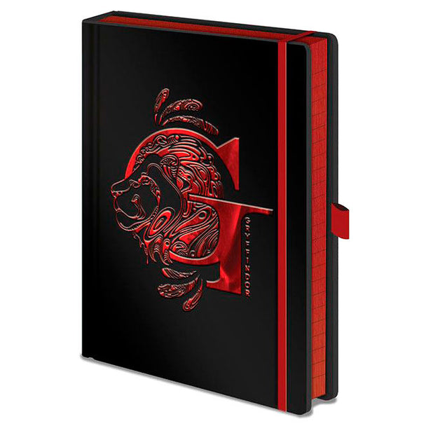 Carnet A5 premium Harry Potter Gryffindor avec couverture rouge et emblème doré de la maison Gryffindor, format 14,8x21cm.