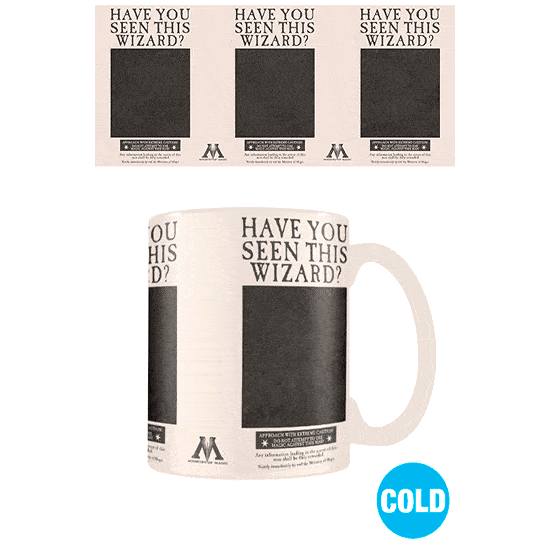 Mug Harry Potter thermosensible avec l'image 'Wanted' de Sirius Black sur fond noir, capacité 315ml, marque PYRAMID.
