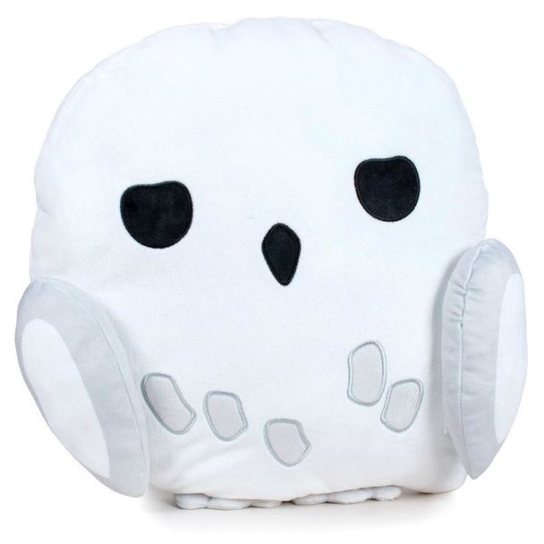 Coussin peluche Hedwig Harry Potter de taille 34x36 cm, produit officiel Warner Bros avec détails réalistes.