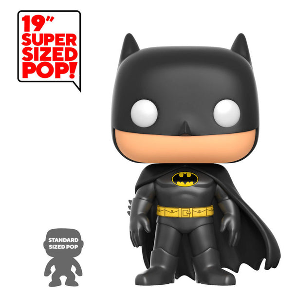 Figurine POP Batman DC Comics de 48 cm vue de face avec détails précis du costume noir et logo emblématique