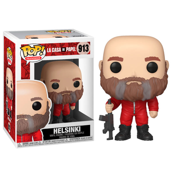 Figurine Funko POP Helsinki de Money Heist en vinyle, vue de face dans sa boîte vitrine de 9 cm