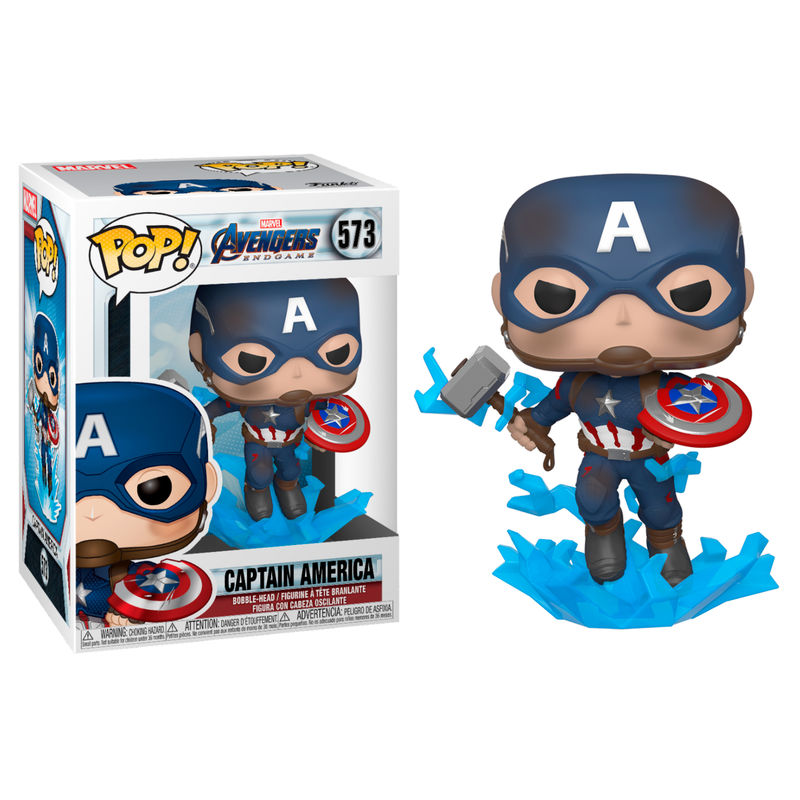 Figurine Funko POP Captain America Avengers Endgame de face avec bouclier cassé et Mjolnir dans la main droite