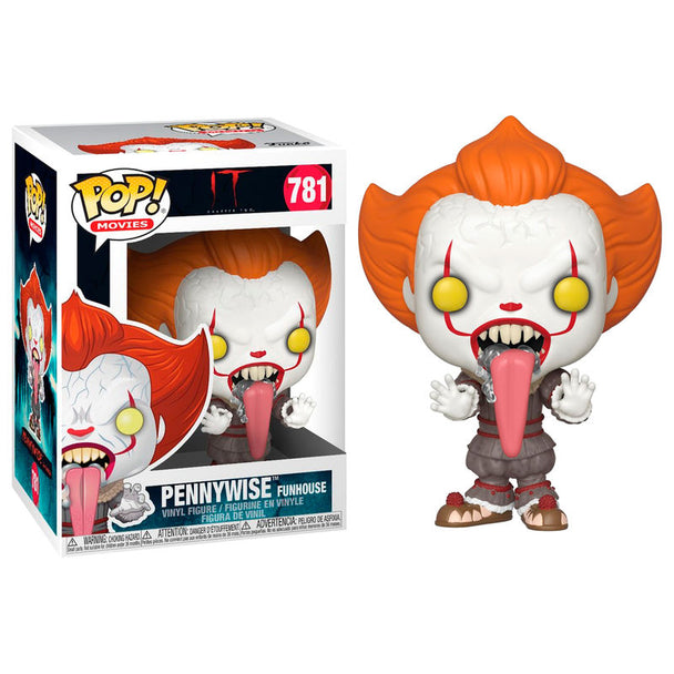 Vue rapprochée de la figurine Funko POP Pennywise avec langue sortie et chien, présentée dans sa boîte fenêtre