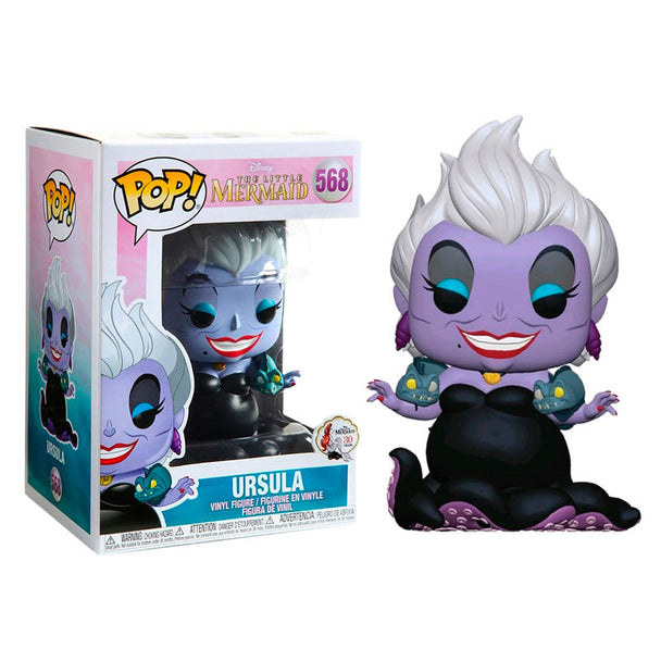 Vue rapprochée de la figurine Funko POP Ursula avec détails des anguilles et couleurs vives sur fond blanc.