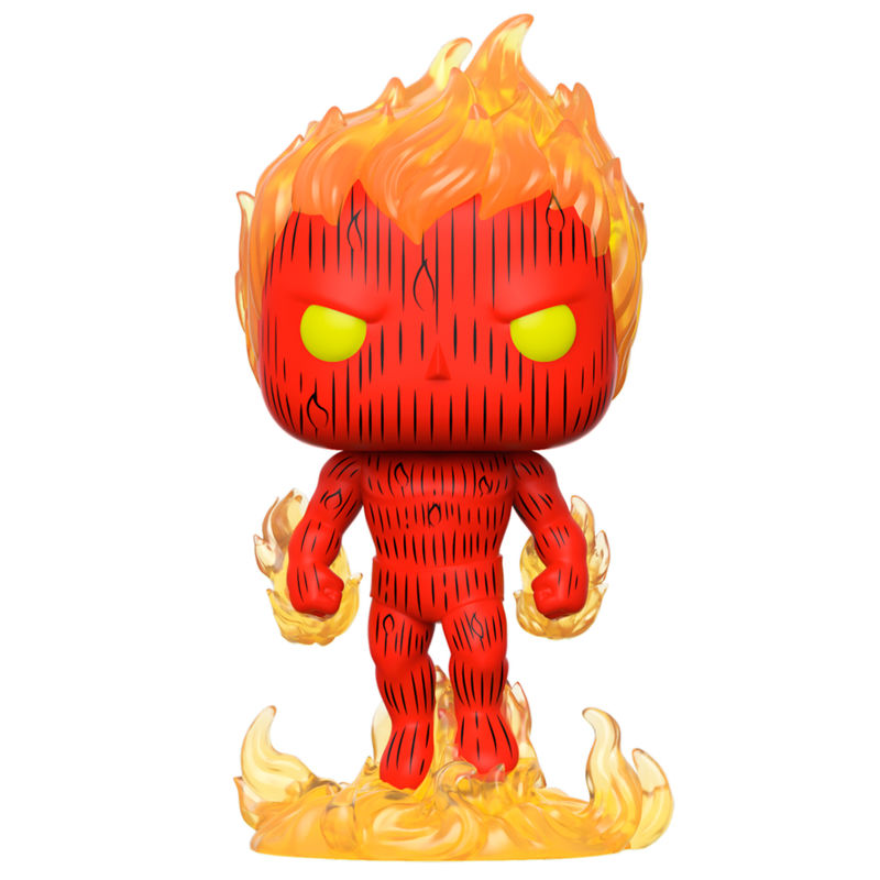 Vue rapprochée de la figurine Funko POP Human Torch Marvel Fantastic Four montrant les détails de la flamme et du visage